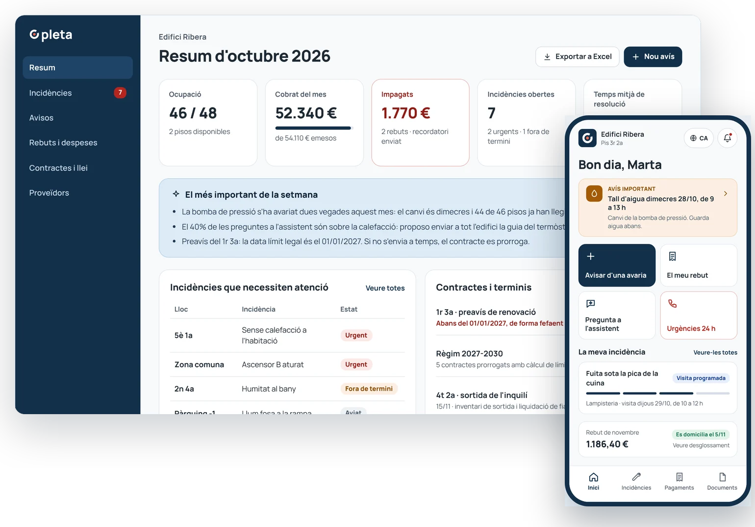 Panell de gestió de Pleta amb el resum de l'edifici i l'app de l'inquilí al mòbil