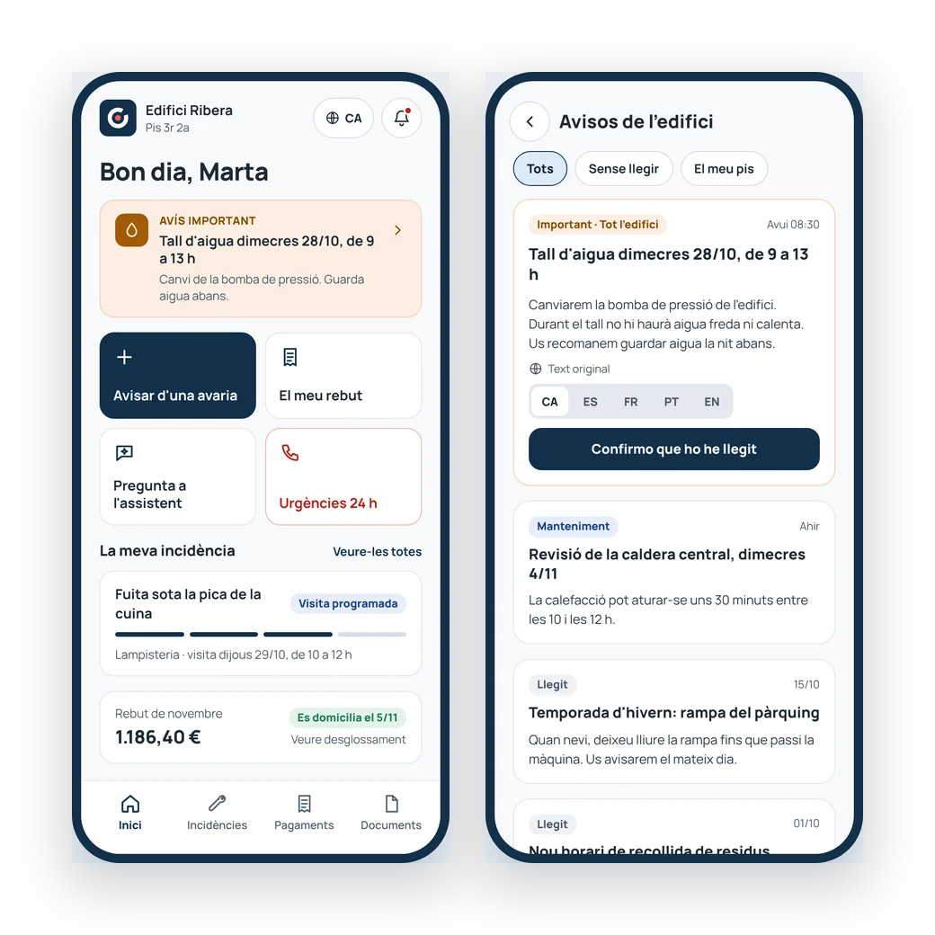 App de l'inquilí: inici i avisos de l'edifici