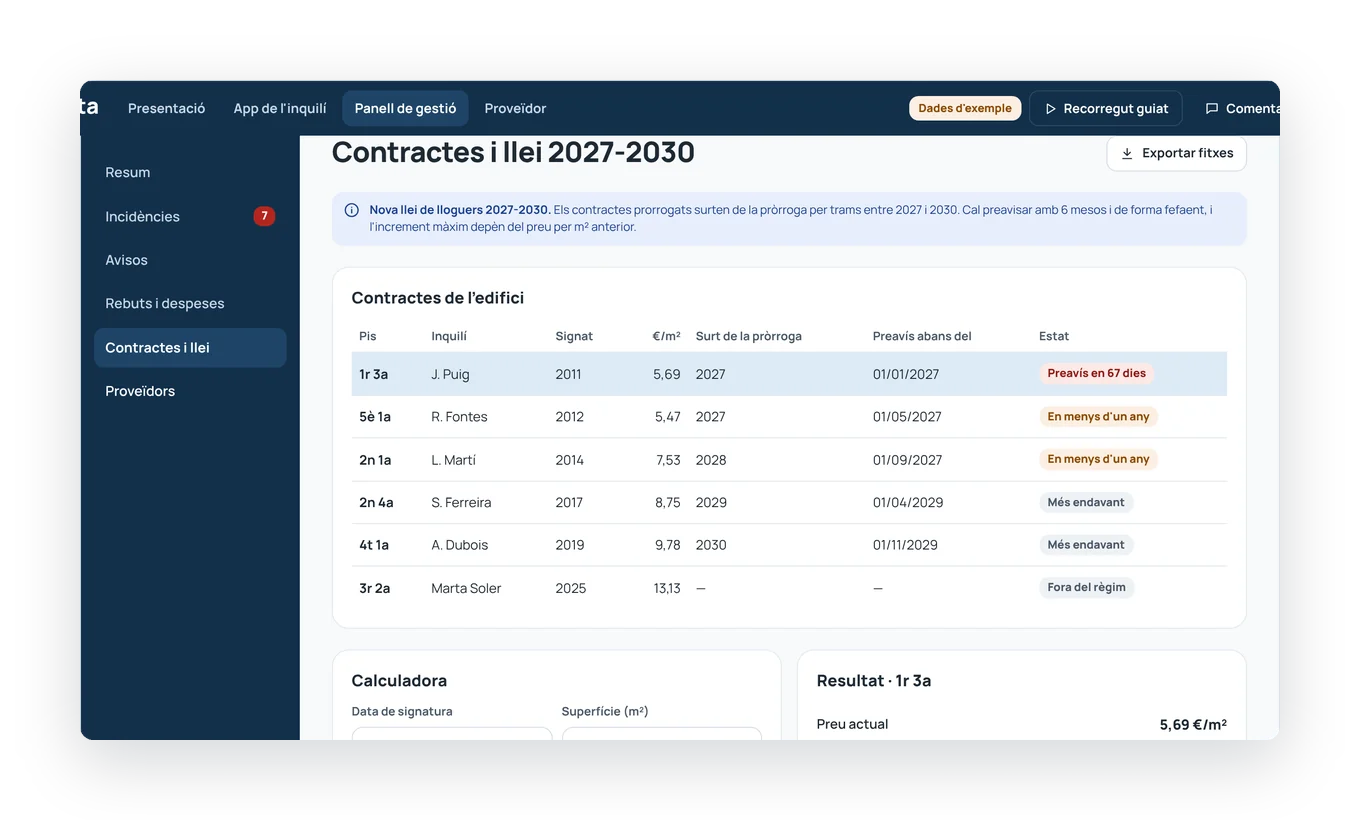 Panell amb els contractes i el càlcul de la llei 2027-2030